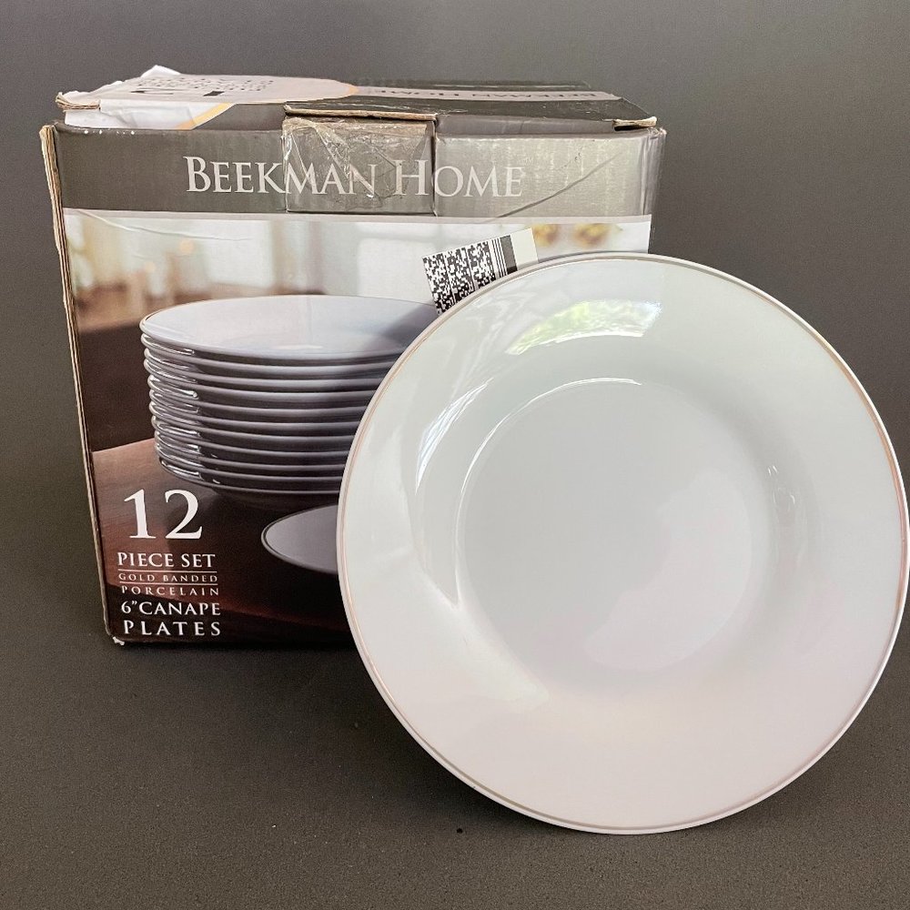 Set of 12 Beekman Home  6" Gold Banded Porcelain Canape Plates NIB